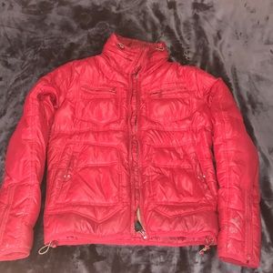 Diesel men's red puffer jacket with hoodie size S
